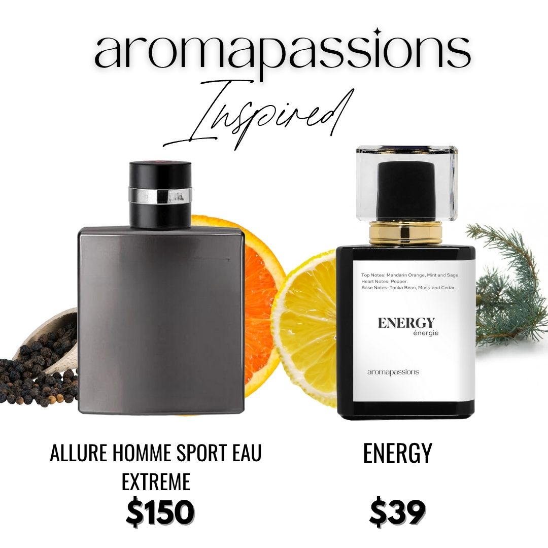 ENERGY | Inspired by CHANEL ALLURE HOMME SPORT EAU EXTREME | Mandarin Orange, Mint, Cypress, Sage, Pepper, Tonka Bean, Musk, Sandalwood and Cedar essential oilsAllure Homme Sport Extreme Dupe Pheromone Perfume