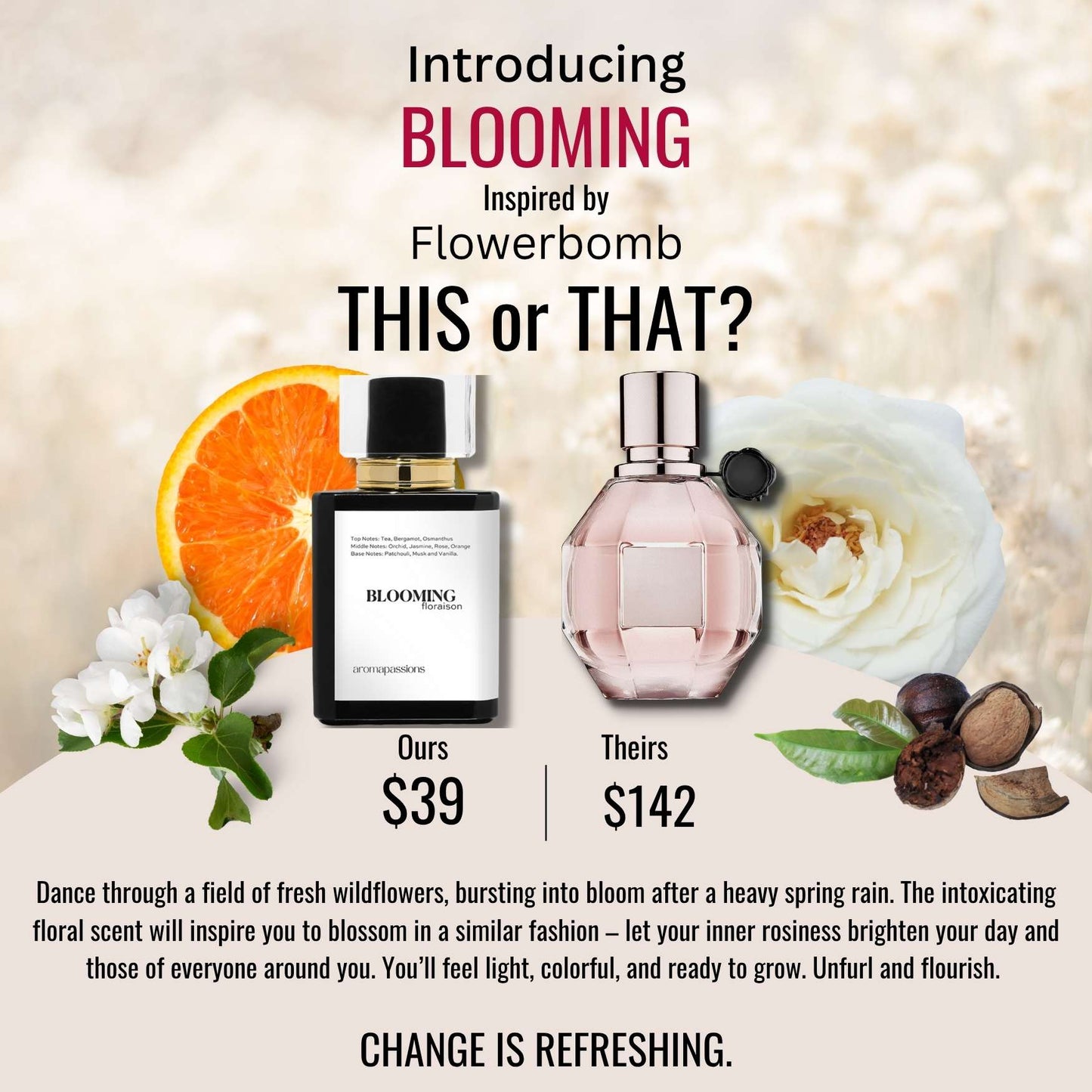 BLOOMING | Inspired by VIKTOR ROLF FLOWERBOMB | Flowerbomb Dupe Pheromone Eau De Parfum | Bergamot Jasmine Patchouli Vanilla Rose Essential Oils