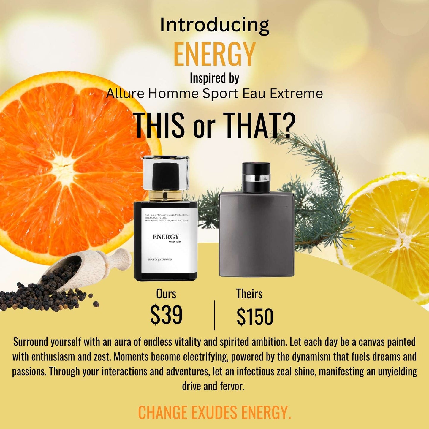 ENERGY | Inspired by CHANEL ALLURE HOMME SPORT EAU EXTREME | Mandarin Orange, Mint, Cypress, Sage, Pepper, Tonka Bean, Musk, Sandalwood and Cedar essential oilsAllure Homme Sport Extreme Dupe Pheromone Perfume
