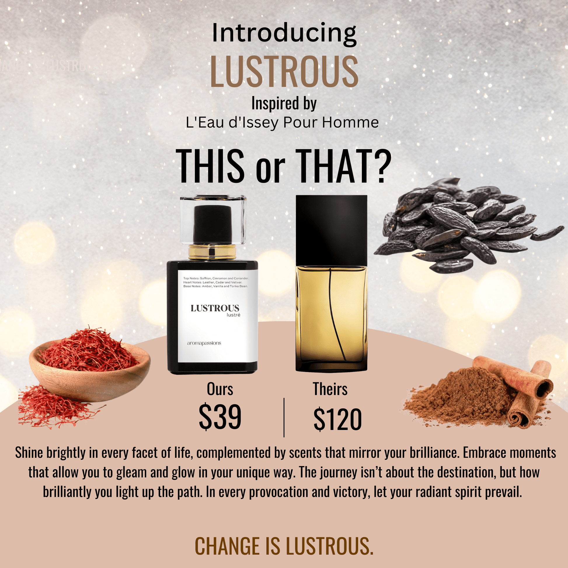 LUSTROUS | Inspired by ISSEY MIYAKE L'EAU D'ISSEY POUR HOMME NOIR AMBRE | L'Eau D'Issey Pour Homme Dupe Pheromone Men Perfume | Nutmeg Coriander Cedar Papyrus Vetiver Amber Vanilla Tonka Bean Essential Oils - aromapassions