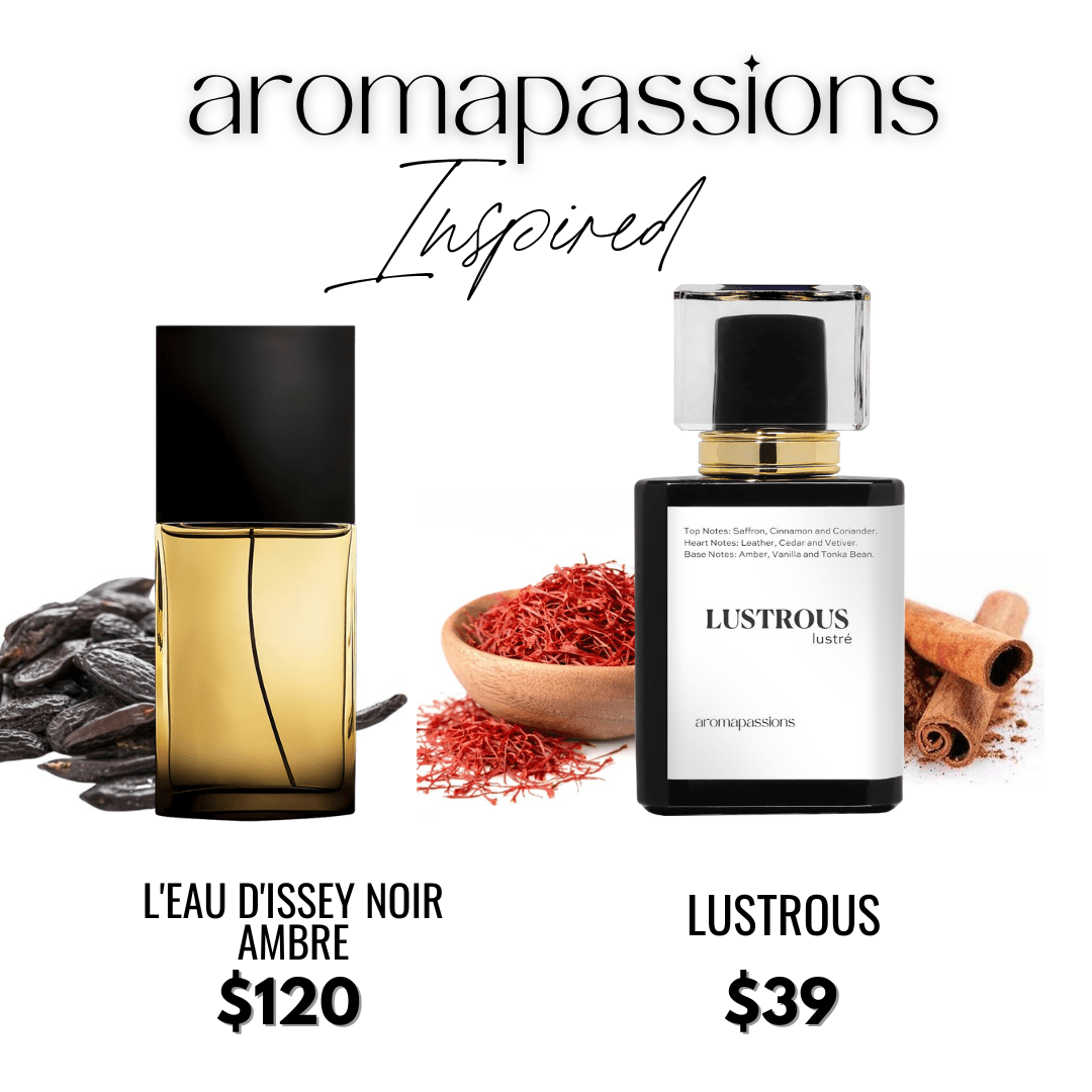LUSTROUS | Inspired by ISSEY MIYAKE L'EAU D'ISSEY POUR HOMME NOIR AMBRE | L'Eau D'Issey Pour Homme Dupe Pheromone Men Perfume | Nutmeg Coriander Cedar Papyrus Vetiver Amber Vanilla Tonka Bean Essential Oils - aromapassions