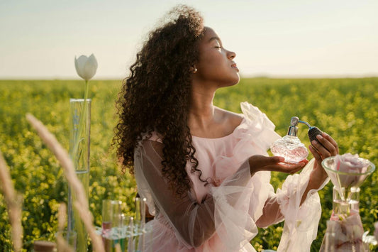 A woman in a pink dress using perfume