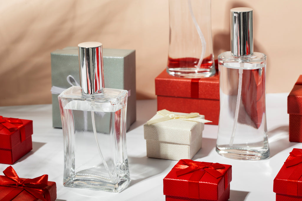 Dupe perfumes on display with red boxes