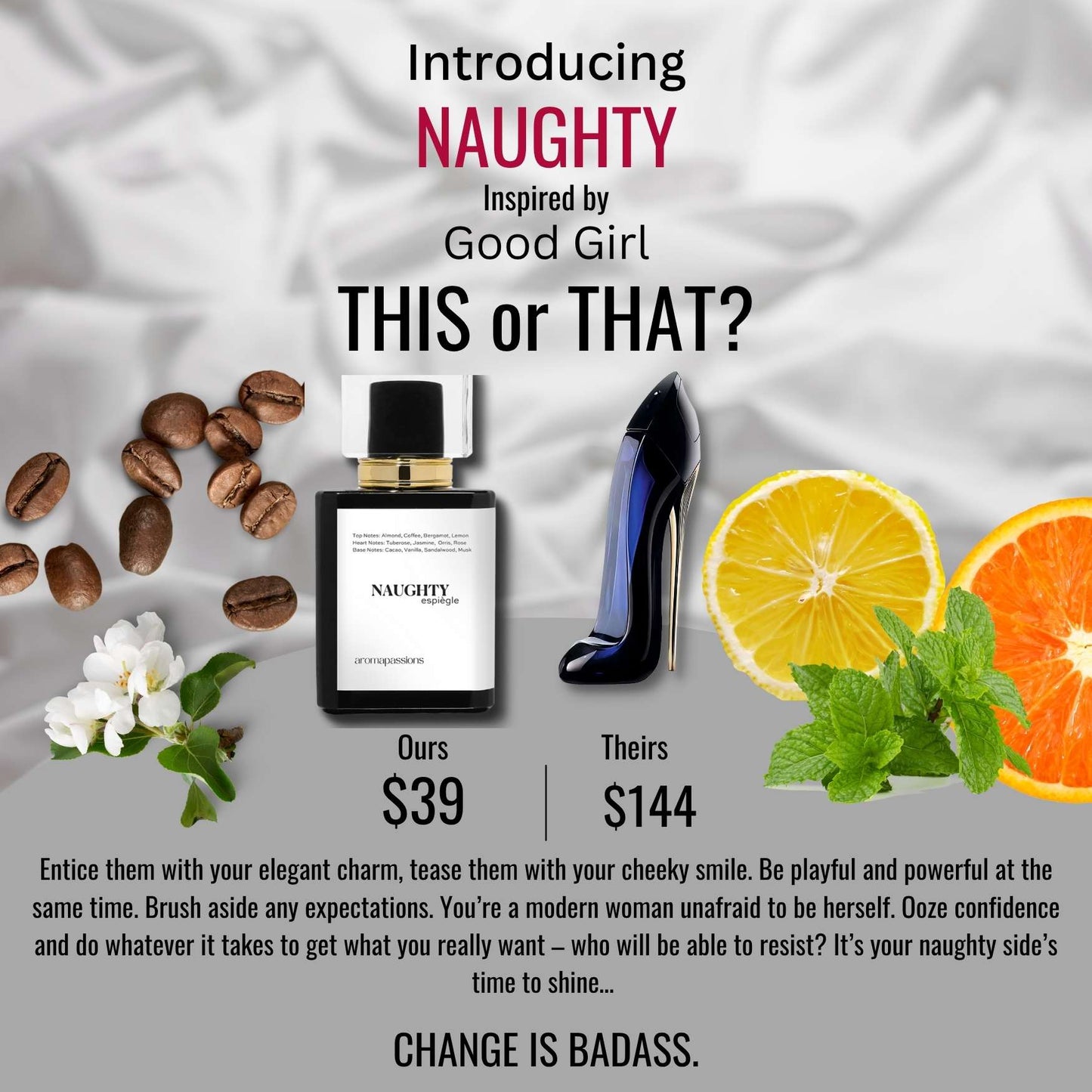 NAUGHTY | Inspired by CH GOOD GIRL | Good Girl Dupe Pheromone Ladies Perfume | Jasmine Rose Sandalwood Essential Oils |