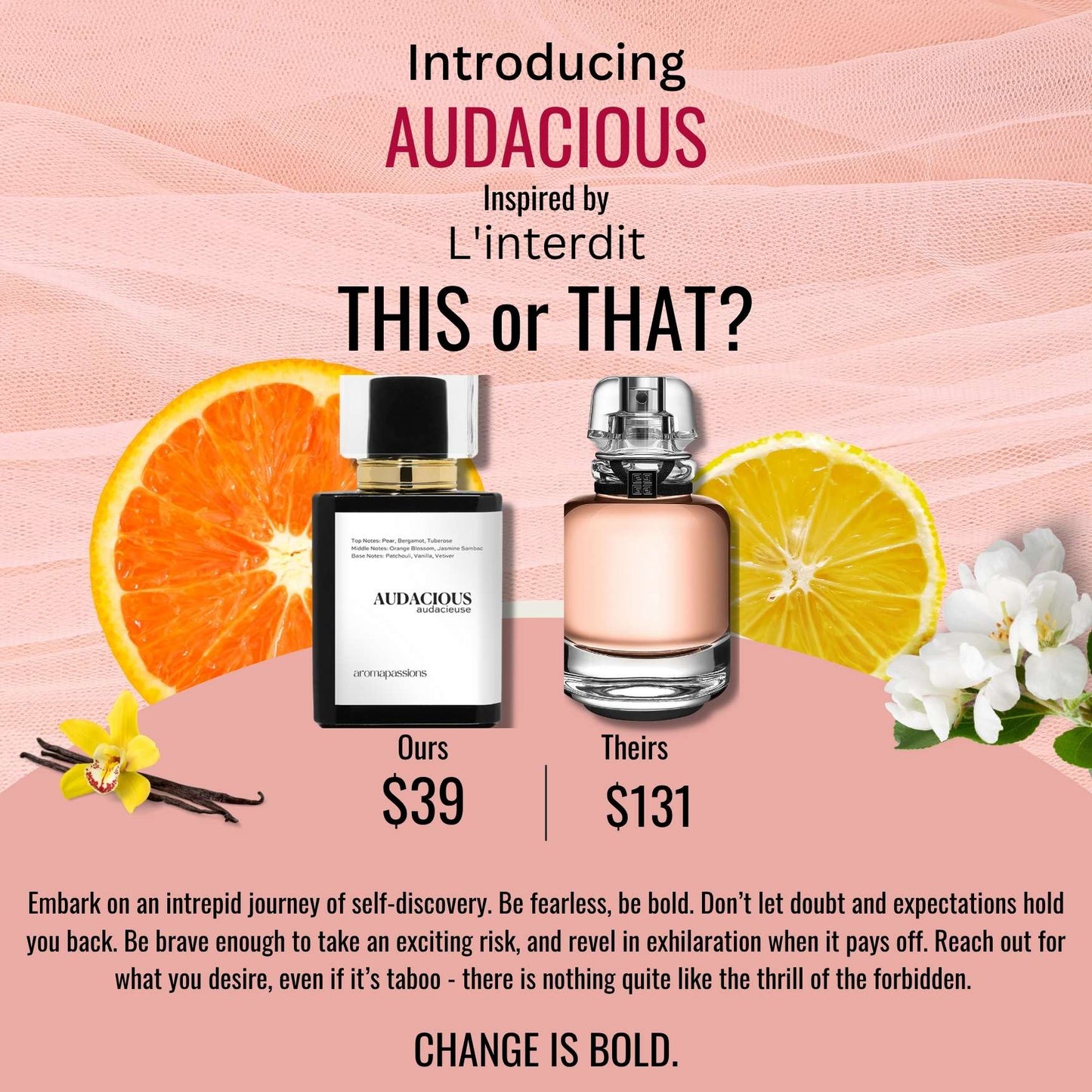 AUDACIOUS | Inspired by GIVNCHY LINTERDIT | L'Interdit Dupe Pheromone Eau De Parfum | Orange Blossom Jasmine Patchouli Vanilla Vetiver Essential Oils