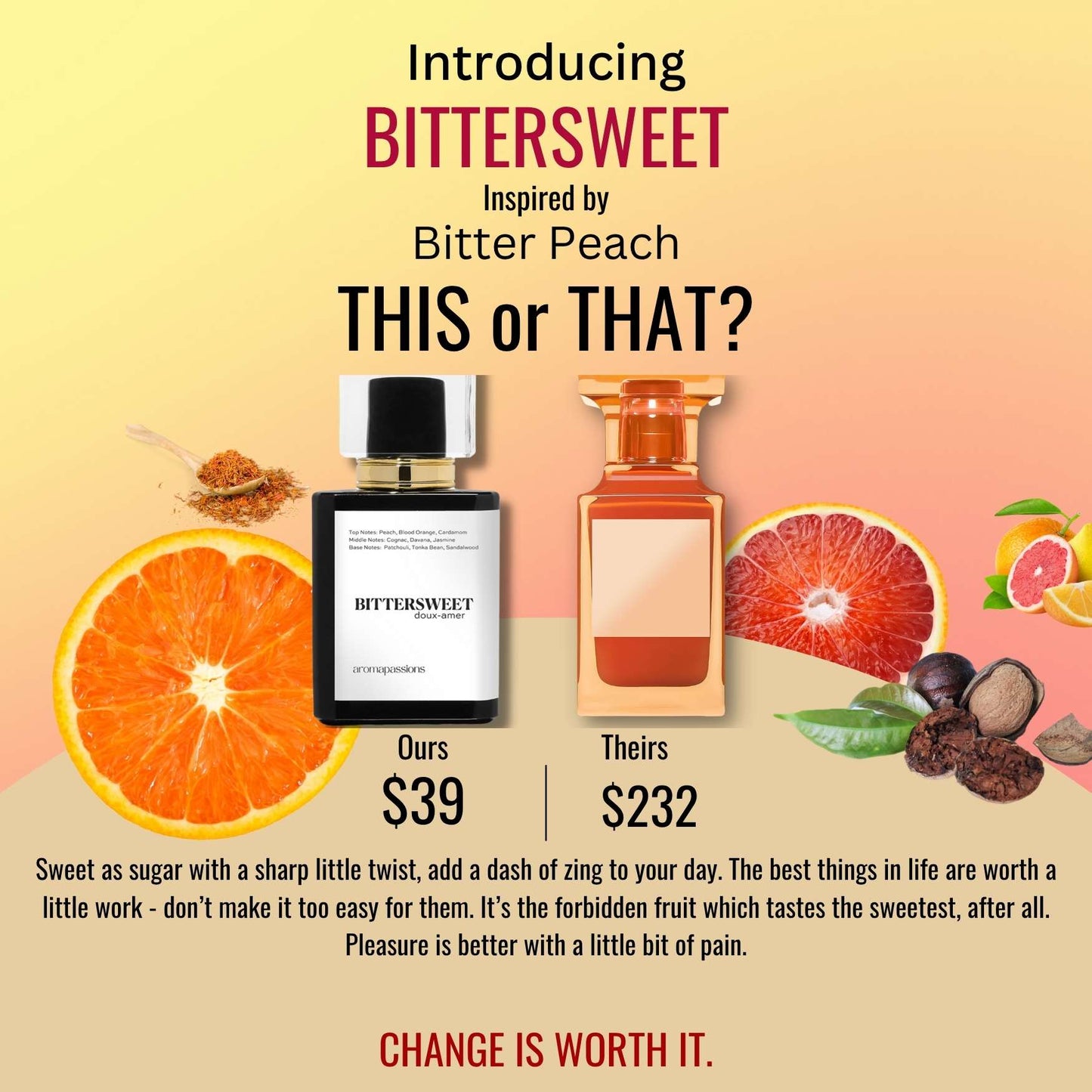 BITTERSWEET | Inspired by TOM FORD BITTER PEACH | Bitter Peach Dupe Pheromone Perfume | Peach Davana Scent Notes | Cardamom Nutmeg Jasmine Patchouli Sandalwood Essential Oils