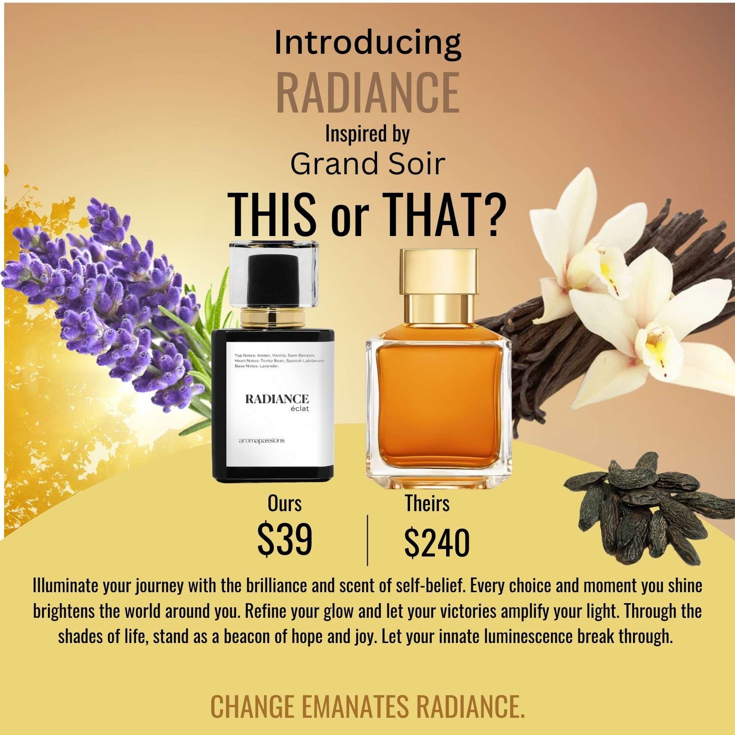 RADIANCE | Inspired by MFK GRAND SOIR | Grand Soir Dupe Pheromone Men Women Perfume | Amber Vanilla Tonka Bean Lavender Essential Oils