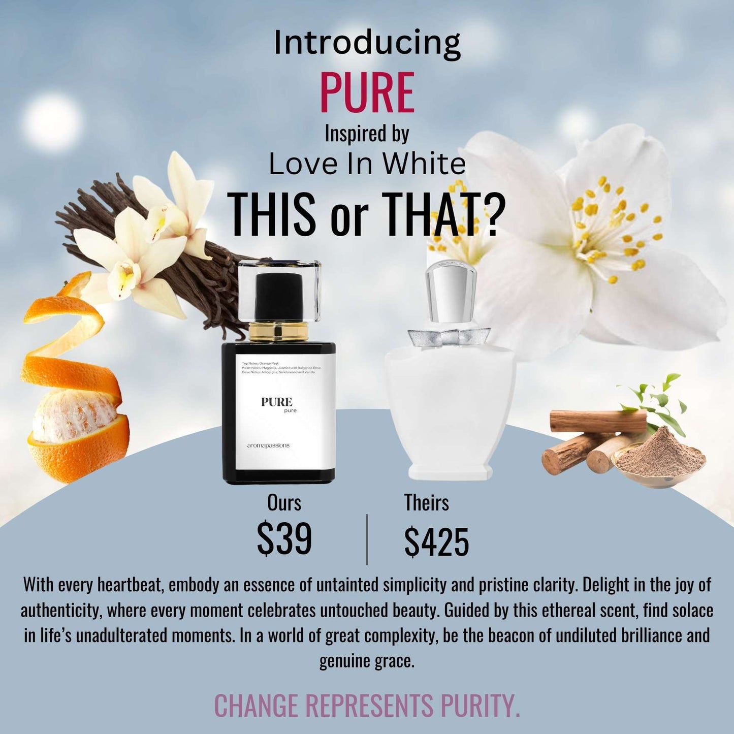PURE | Inspired by CREED LOVE IN WHITE | Narcissus Italian Jasmine Bulgarian Rose Sandalwood Vanilla Essential Oils | Love in White Dupe Pheromone Perfume