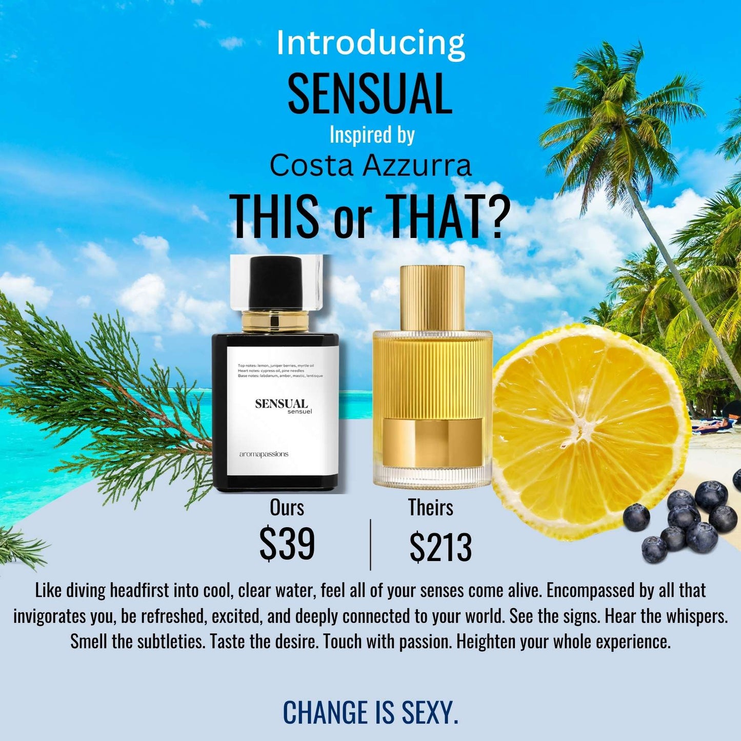 SENSUAL | Inspired by Tom Ford COSTA AZZURRA | Costa Azzurra Eau De Parfum Dupe Pheromone Perfume | Lemon Rosemary Essential Oils