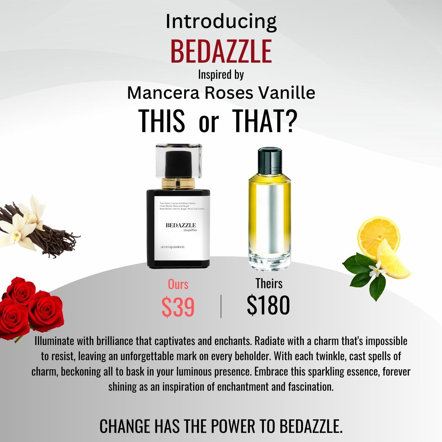 BEDAZZLE | Inspired by MANCERA ROSES VANILLE | Roses Vanille Dupe Pheromone Perfume - aromapassions