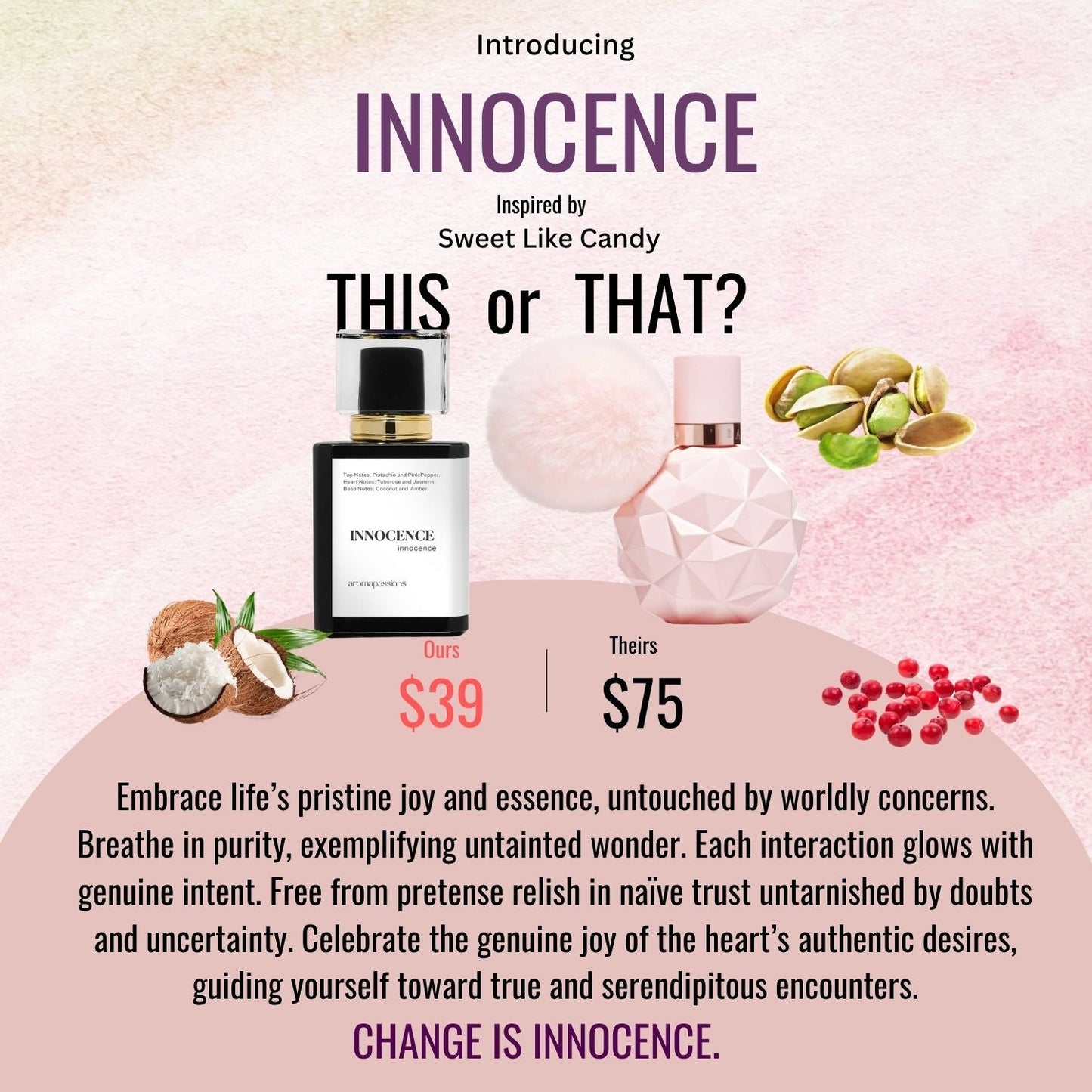 INNOCENCE | Inspired by ARIANA GRANDE SWEET LIKE CANDY | Sweet Like Candy Dupe Pheromone Perfume - aromapassions
