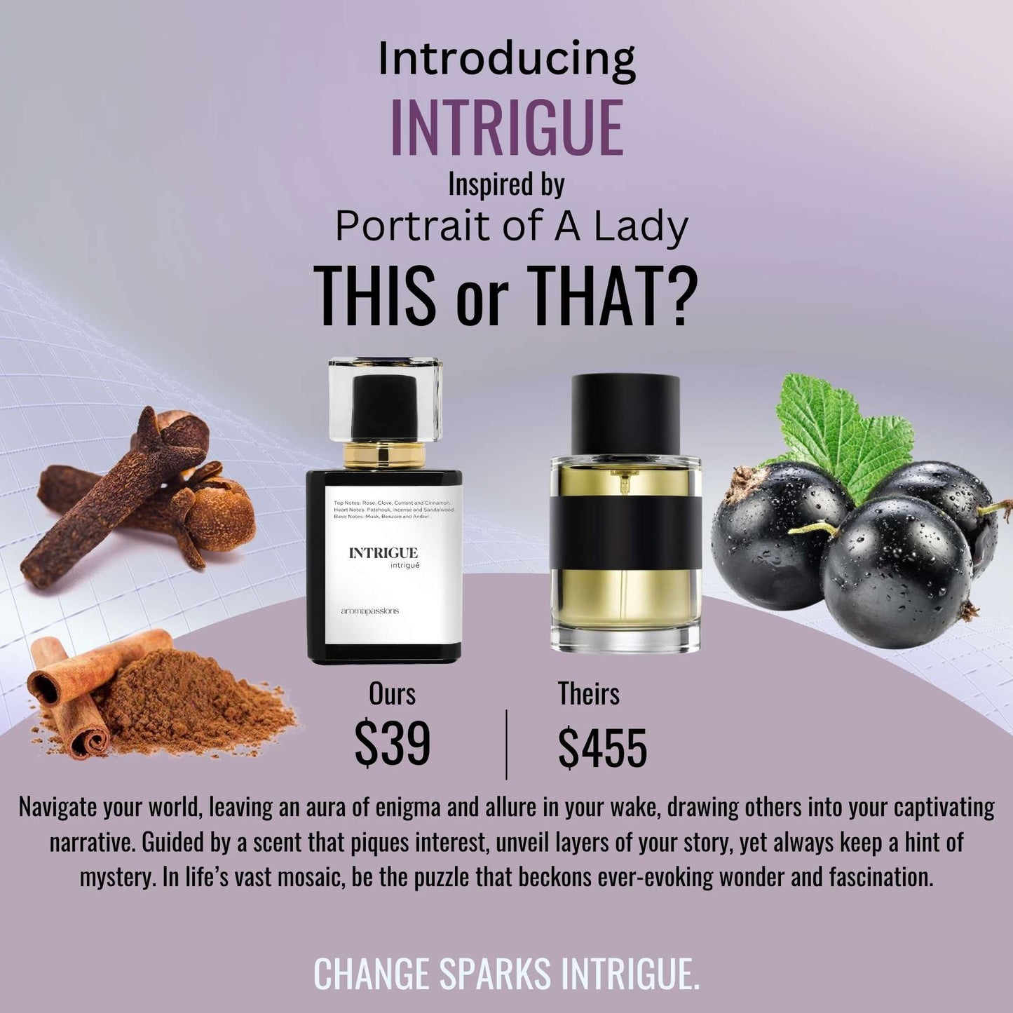 INTRIGUE | Inspired by FREDERIC MALLE PORTRAIT OF A LADY | Rose Clove Raspberry Cinnamon Patchouli Sandalwood Essential Oils | Portrait of a Lady Dupe Pheromone Perfume - aromapassions